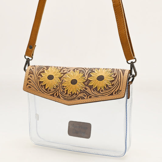 ADBGZ723 Clear Western Crossbody Bag with Turquoise Floral Tooled Leather Flap - Stadium Compliant