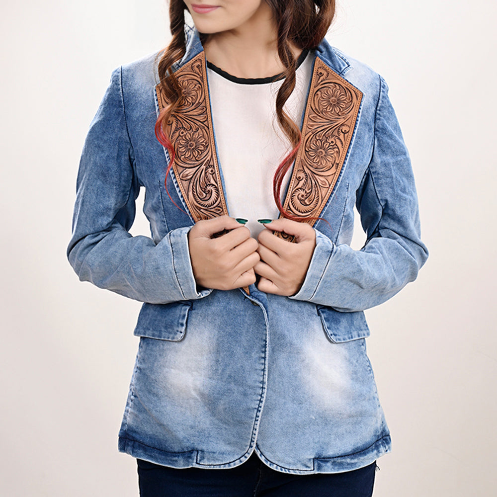 LC-ADBZ702 Light Blue Denim Cowgirl Blazer with Tooled Leather Lapel - Western Triangle Front Jacket