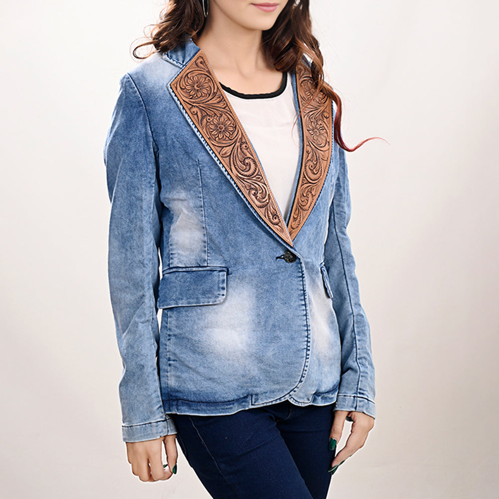 LC-ADBZ702 Light Blue Denim Cowgirl Blazer with Tooled Leather Lapel - Western Triangle Front Jacket