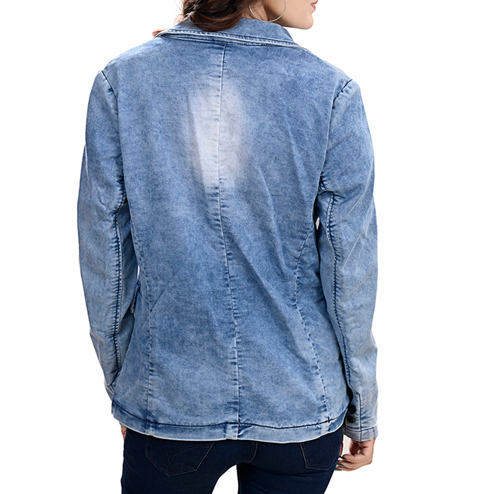 LC-ADBZ702 Light Blue Denim Cowgirl Blazer with Tooled Leather Lapel - Western Triangle Front Jacket