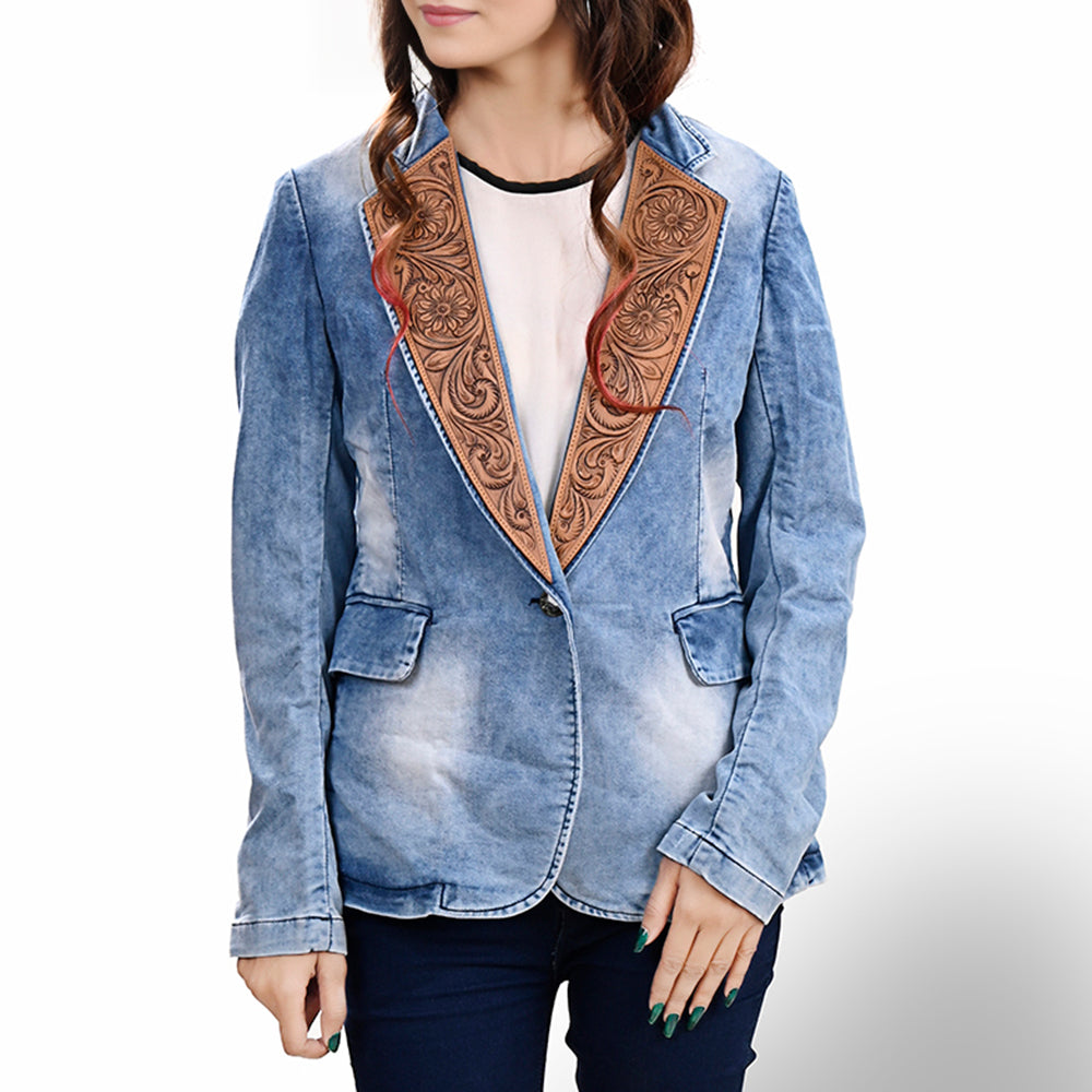 LC-ADBZ702 Light Blue Denim Cowgirl Blazer with Tooled Leather Lapel - Western Triangle Front Jacket