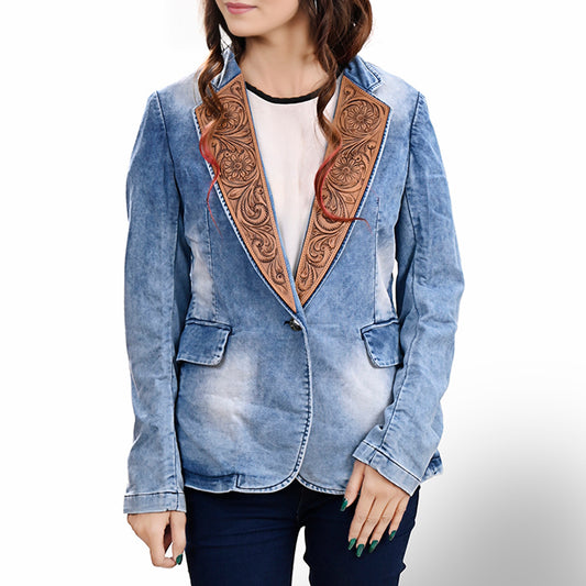 LC-ADBZ702 Light Blue Denim Cowgirl Blazer with Tooled Leather Lapel - Western Triangle Front Jacket
