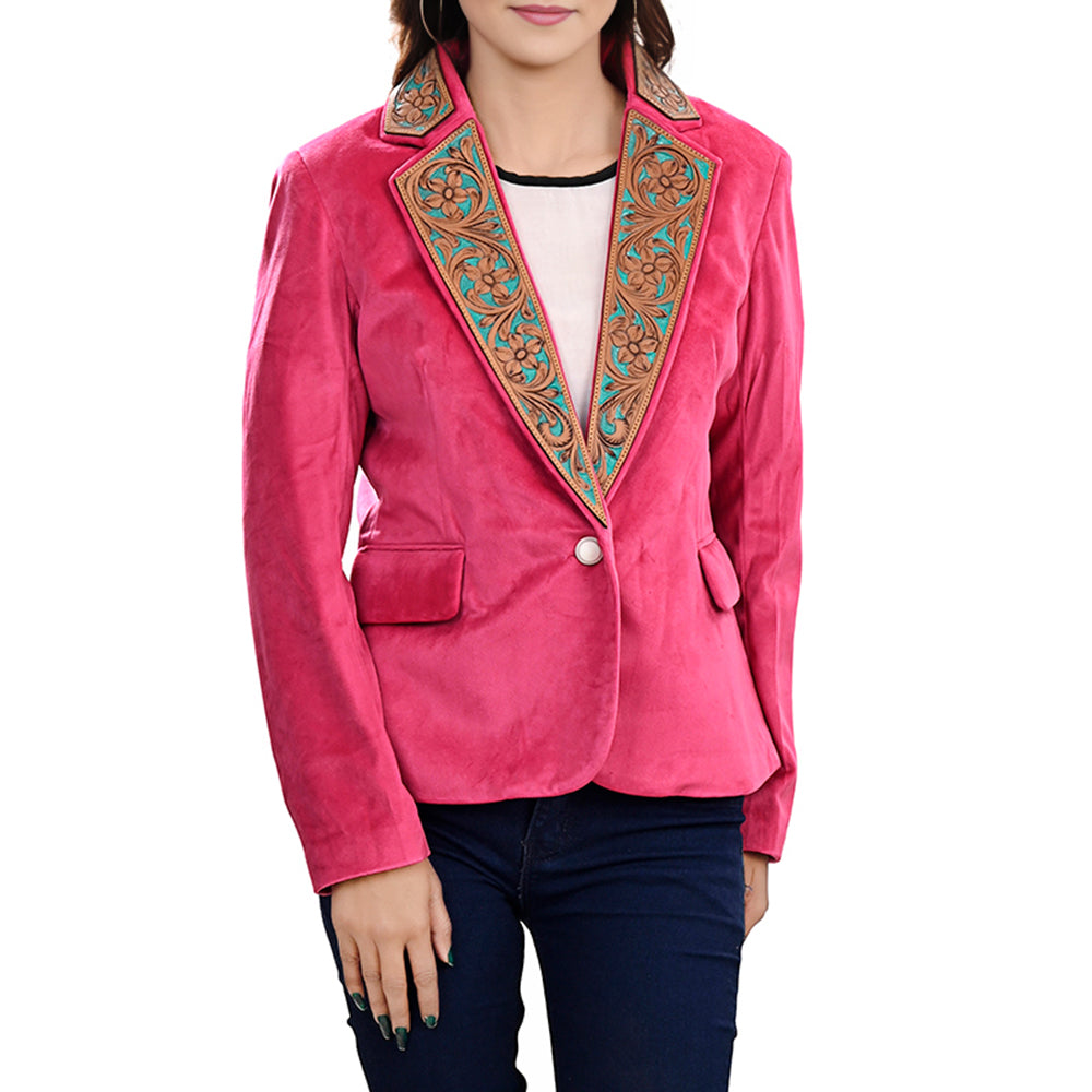 LC-ADBZ703 Hot Pink Cowgirl Blazer with Turquoise Tooled Leather Lapel - Western Statement Jacket