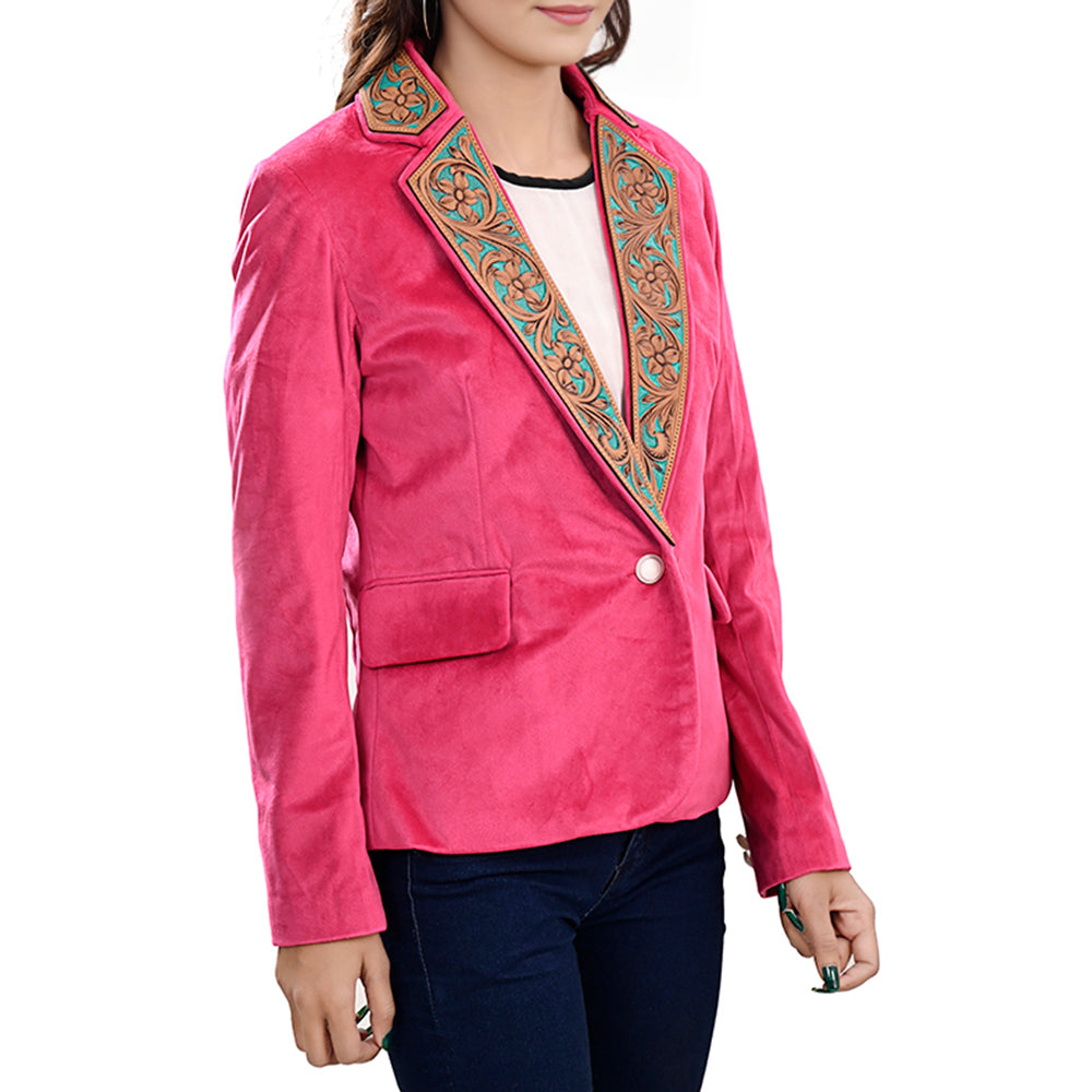 LC-ADBZ703 Hot Pink Cowgirl Blazer with Turquoise Tooled Leather Lapel - Western Statement Jacket