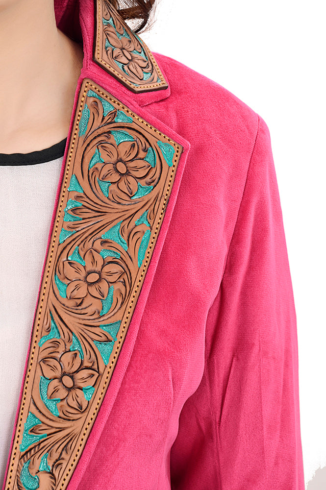 LC-ADBZ703 Hot Pink Cowgirl Blazer with Turquoise Tooled Leather Lapel - Western Statement Jacket