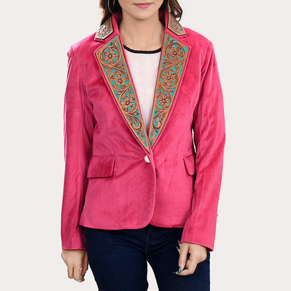 LC-ADBZ703 Hot Pink Cowgirl Blazer with Turquoise Tooled Leather Lapel - Western Statement Jacket