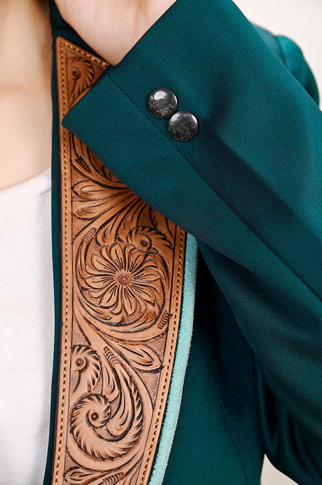 LC-ADBZ704 Emerald Green Western Blazer with Tan Tooled Leather Lapel - Cowgirl Boutique Jacket