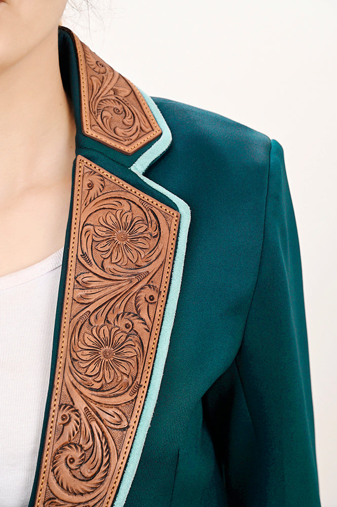 LC-ADBZ704 Emerald Green Western Blazer with Tan Tooled Leather Lapel - Cowgirl Boutique Jacket