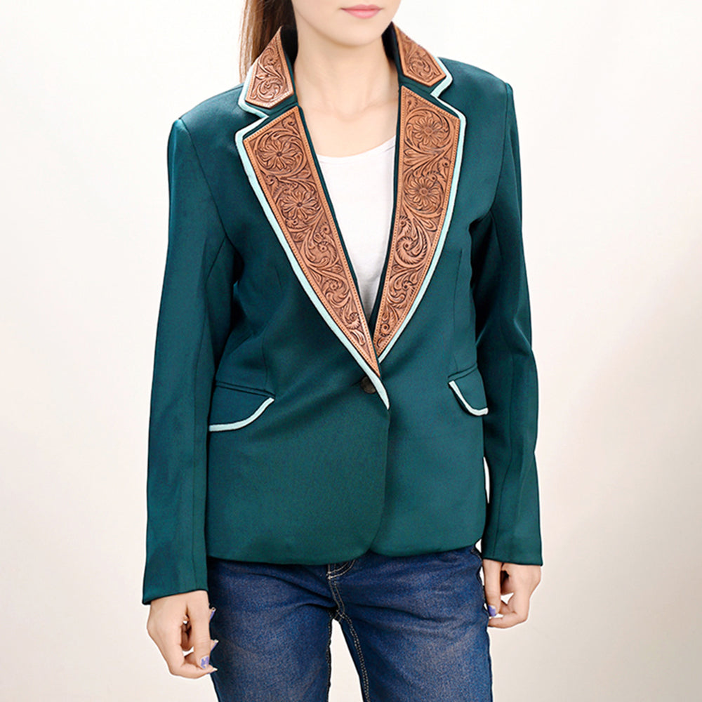 LC-ADBZ704 Emerald Green Western Blazer with Tan Tooled Leather Lapel - Cowgirl Boutique Jacket