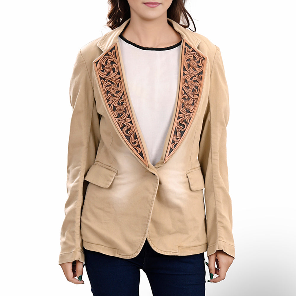 LC-ADBZ705 Tan Western Blazer with Black Tooled Leather Lapel - Cowgirl Boutique Jacket