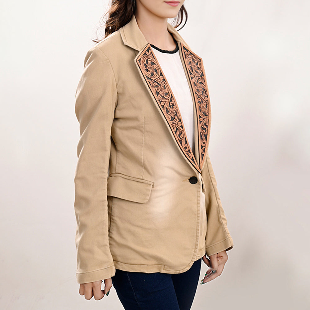 LC-ADBZ705 Tan Western Blazer with Black Tooled Leather Lapel - Cowgirl Boutique Jacket