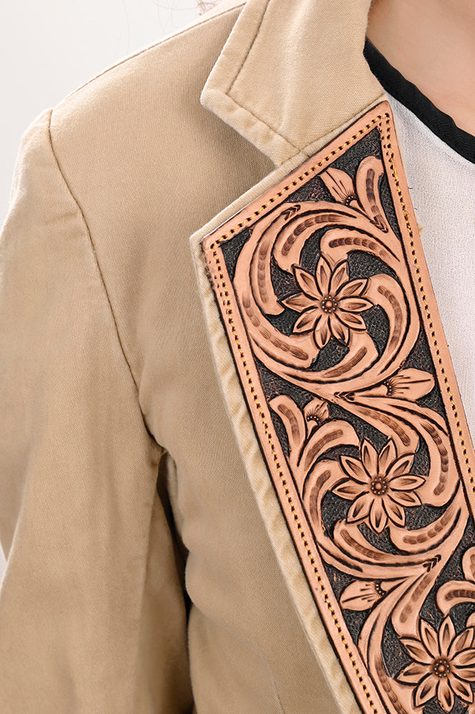 LC-ADBZ705 Tan Western Blazer with Black Tooled Leather Lapel - Cowgirl Boutique Jacket