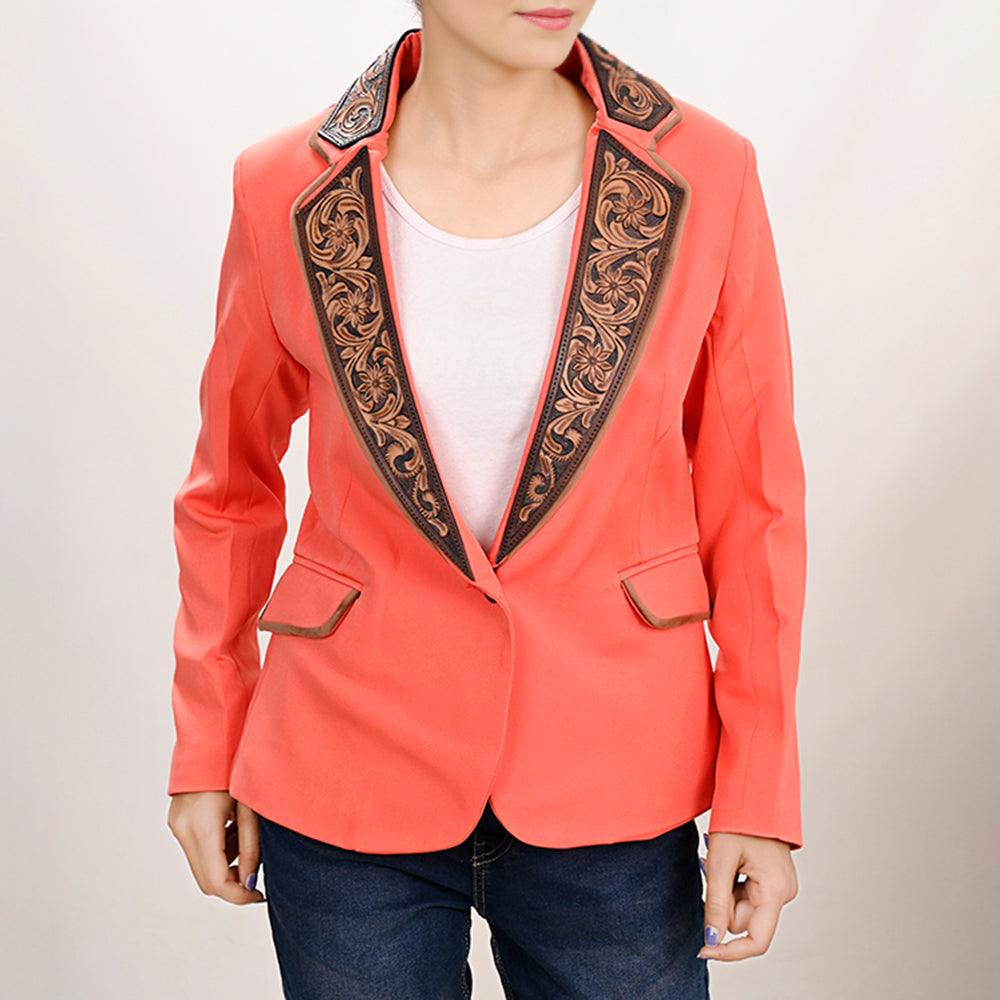 LC-ADBZ706 Coral Cowgirl Blazer with Tooled Leather Lapel - Western Boutique Jacket