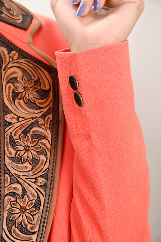 LC-ADBZ706 Coral Cowgirl Blazer with Tooled Leather Lapel - Western Boutique Jacket