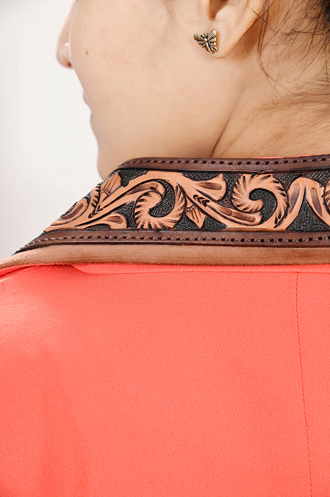LC-ADBZ706 Coral Cowgirl Blazer with Tooled Leather Lapel - Western Boutique Jacket