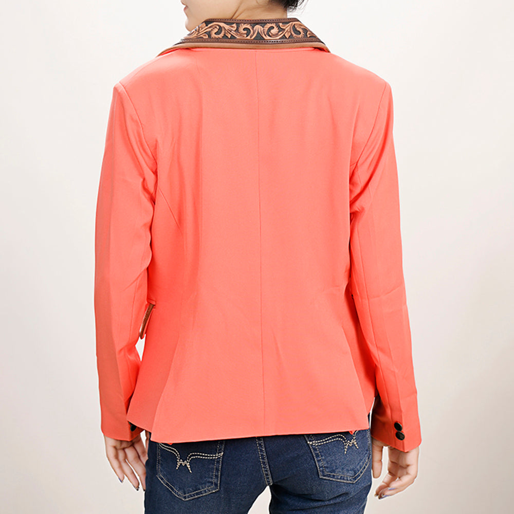LC-ADBZ706 Coral Cowgirl Blazer with Tooled Leather Lapel - Western Boutique Jacket