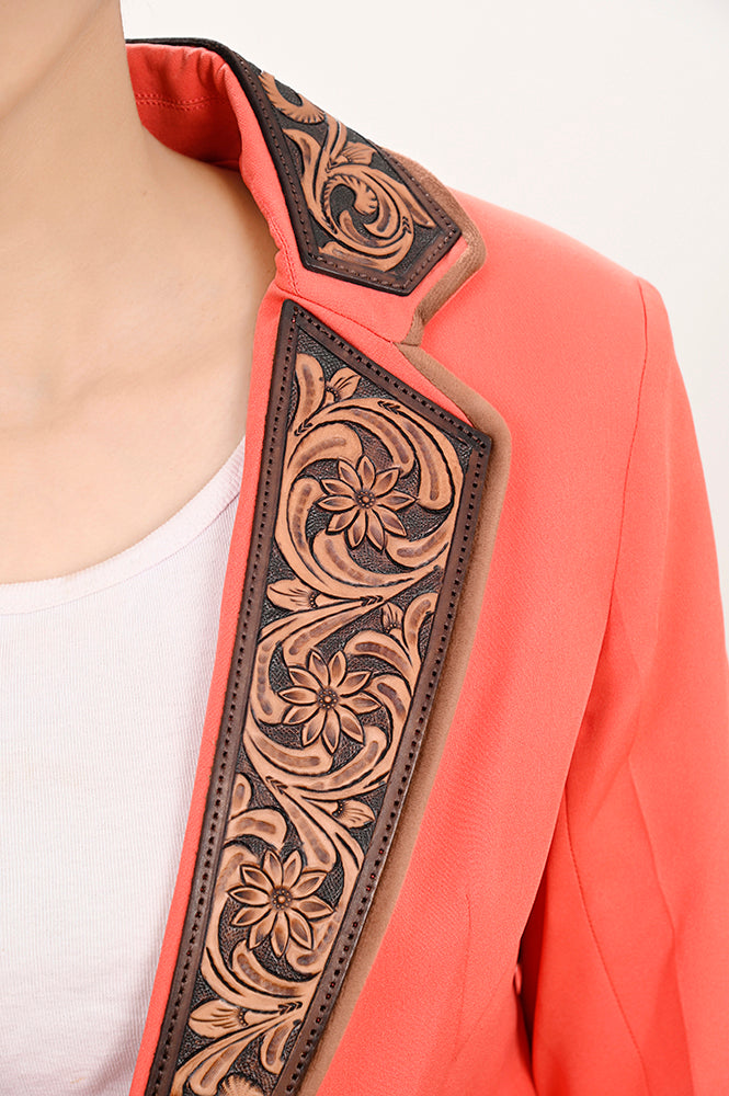LC-ADBZ706 Coral Cowgirl Blazer with Tooled Leather Lapel - Western Boutique Jacket