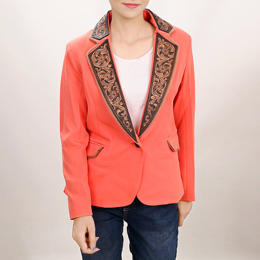 LC-ADBZ706 Coral Cowgirl Blazer with Tooled Leather Lapel - Western Boutique Jacket