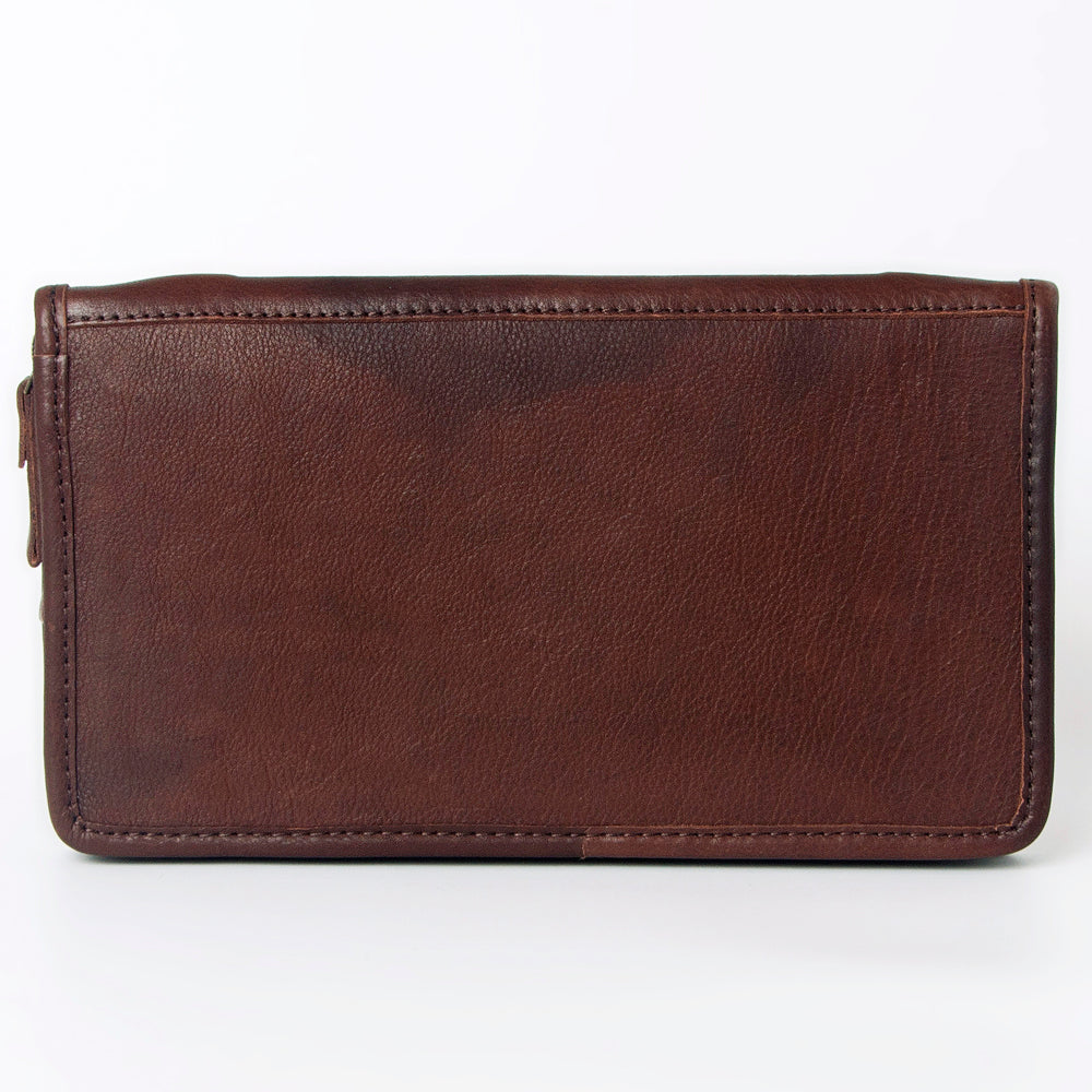 ADBGA323 Hair-On Cowhide & Tooled Leather Western Zip Jewelry Case Floral Edge Design