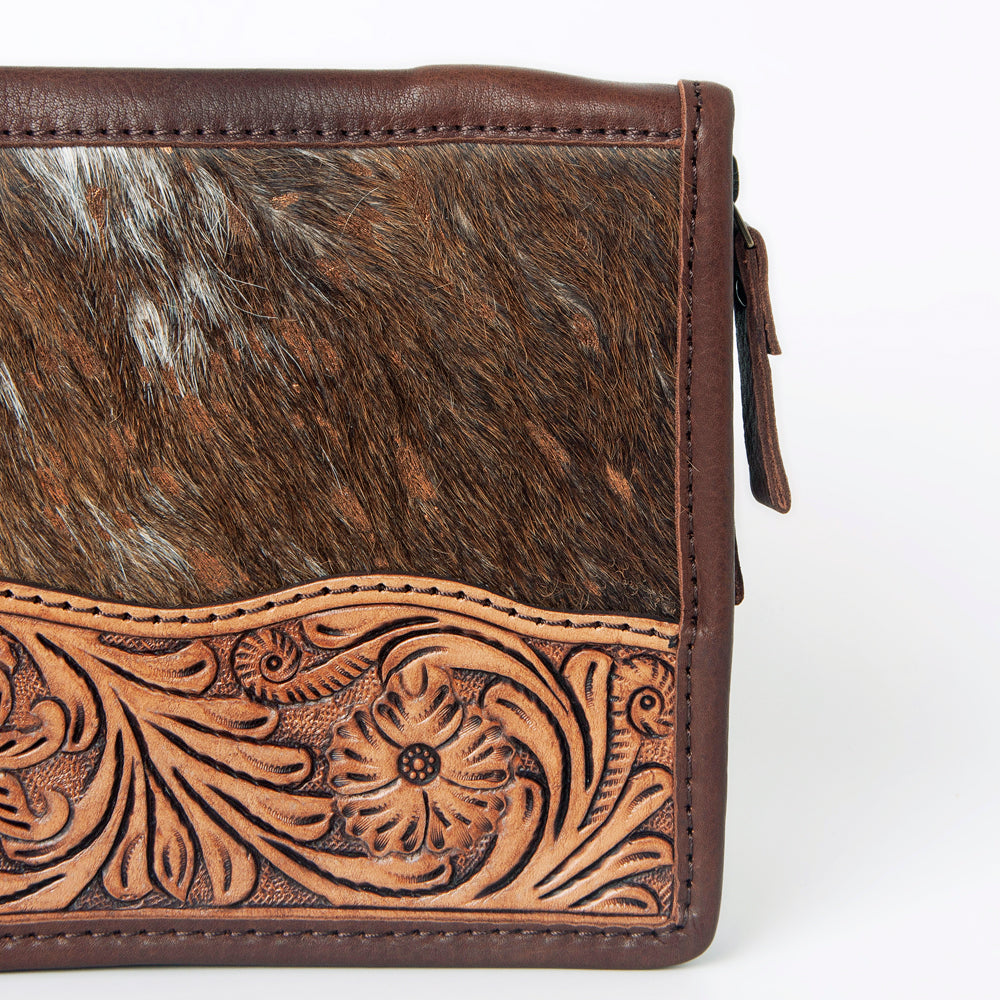 ADBGA323 Hair-On Cowhide & Tooled Leather Western Zip Jewelry Case Floral Edge Design
