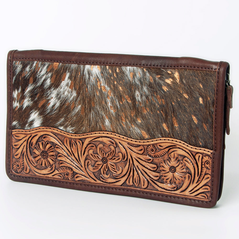 ADBGA323 Hair-On Cowhide & Tooled Leather Western Zip Jewelry Case Floral Edge Design