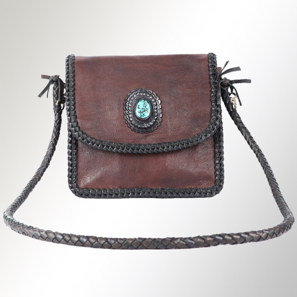 ADBGM250 Rustic Brown Leather Crossbody - Fringe Western Purse with Turquoise Concho