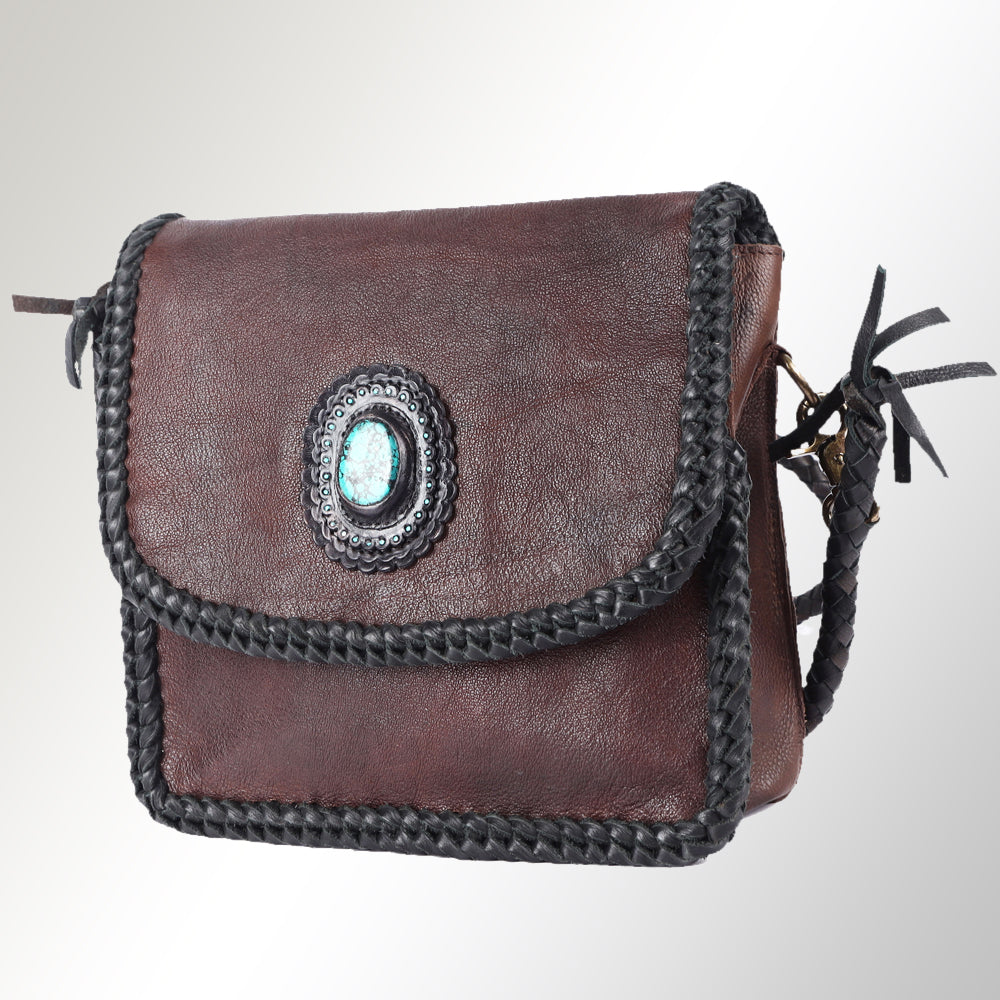 ADBGM250 Rustic Brown Leather Crossbody - Fringe Western Purse with Turquoise Concho