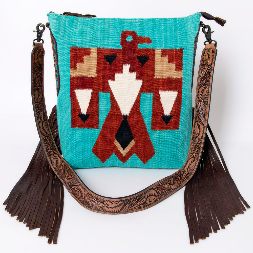 ADBG905 American Darling Southwestern Wool Blanket & Tooled Leather Crossbody Bag with Fringes