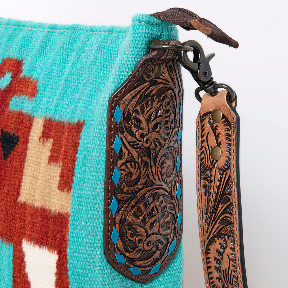 ADBG905 American Darling Southwestern Wool Blanket & Tooled Leather Crossbody Bag with Fringes