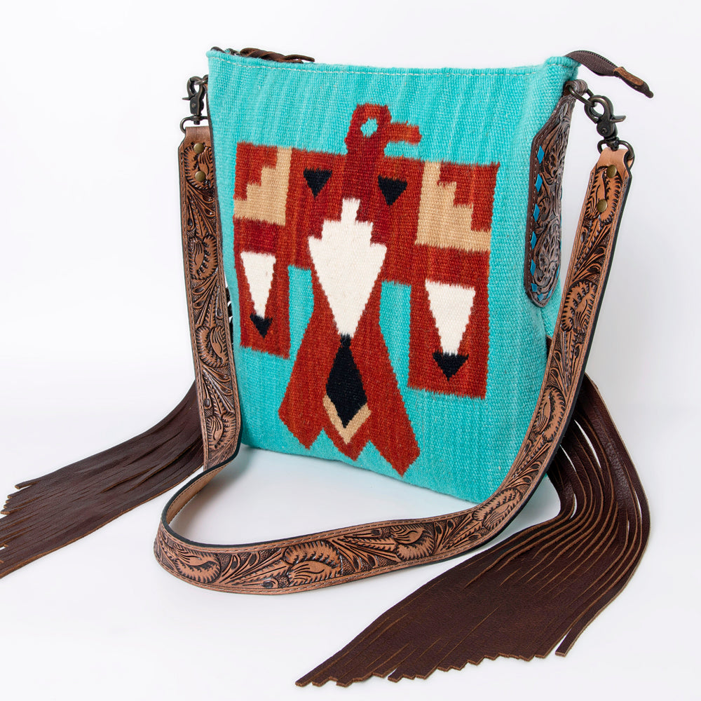 ADBG905 American Darling Southwestern Wool Blanket & Tooled Leather Crossbody Bag with Fringes