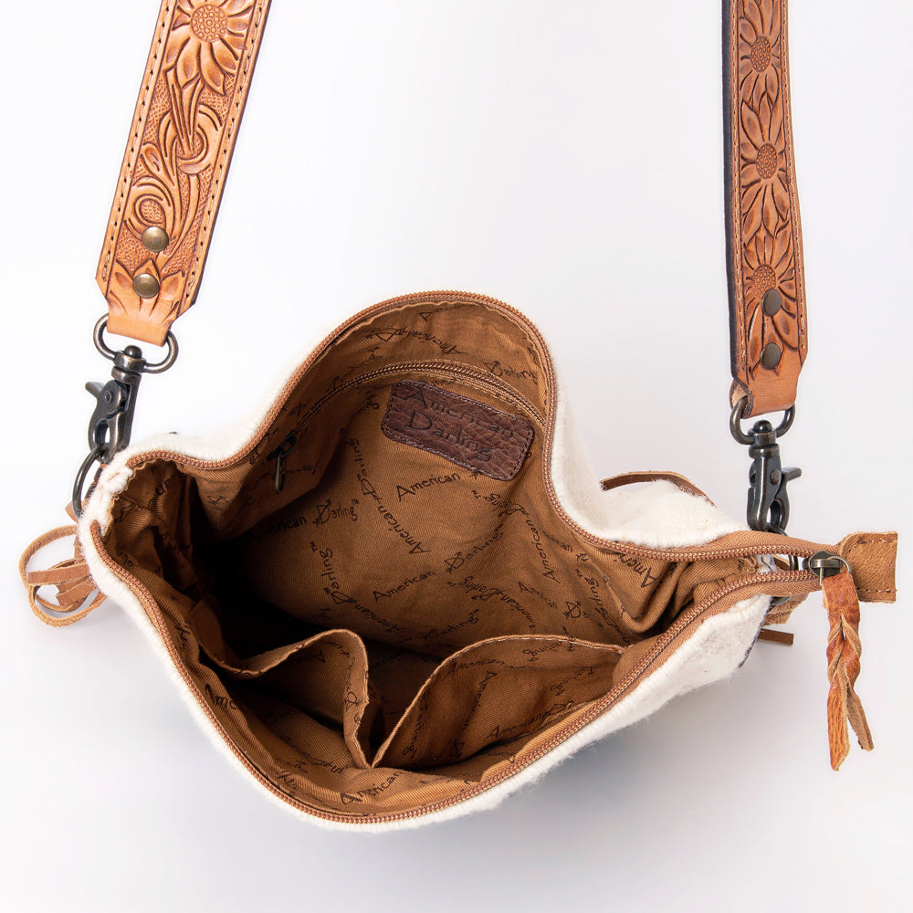 LC-ADBG905 Southwestern Wool Blanket & Tooled Leather Fringe Large Crossbody Bag Sally by American Darling