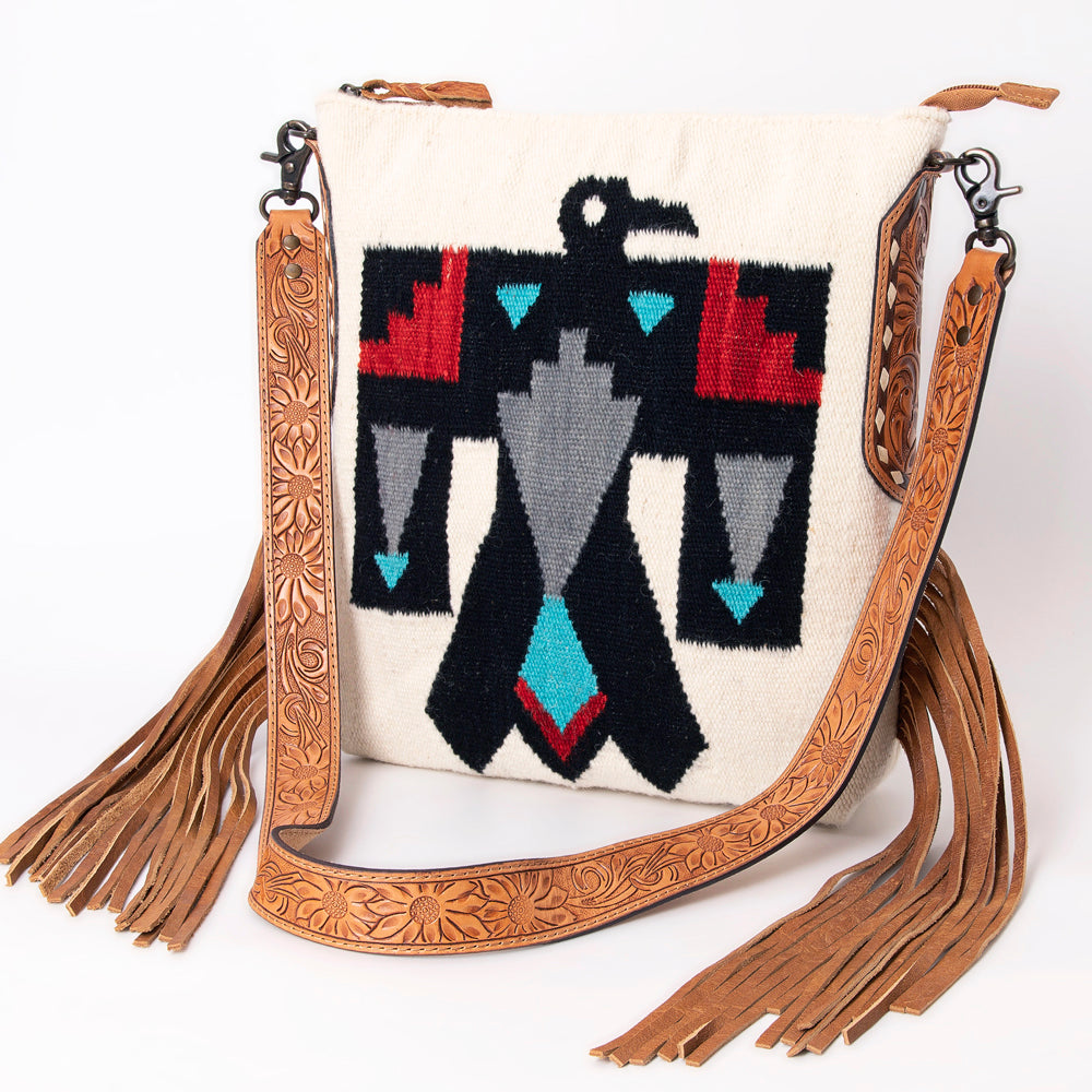 LC-ADBG905 Southwestern Wool Blanket & Tooled Leather Fringe Large Crossbody Bag Sally by American Darling
