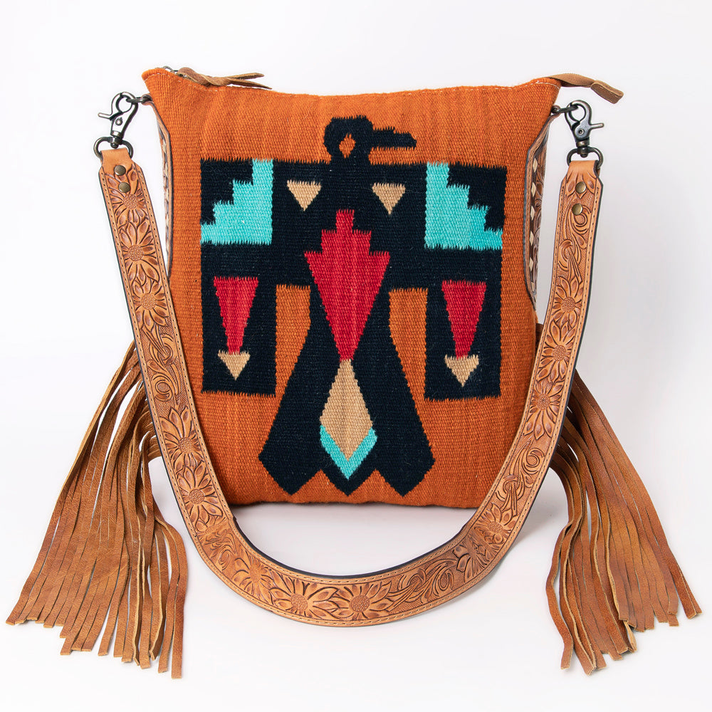 LC-ADBG905 Southwestern Wool Blanket & Tooled Leather Fringe Large Crossbody Bag Sally by American Darling