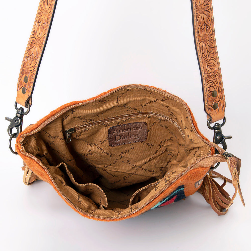LC-ADBG905 Southwestern Wool Blanket & Tooled Leather Fringe Large Crossbody Bag Sally by American Darling