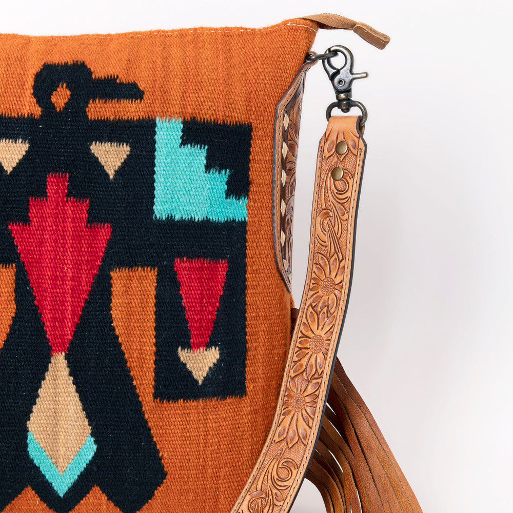 LC-ADBG905 Southwestern Wool Blanket & Tooled Leather Fringe Large Crossbody Bag Sally by American Darling