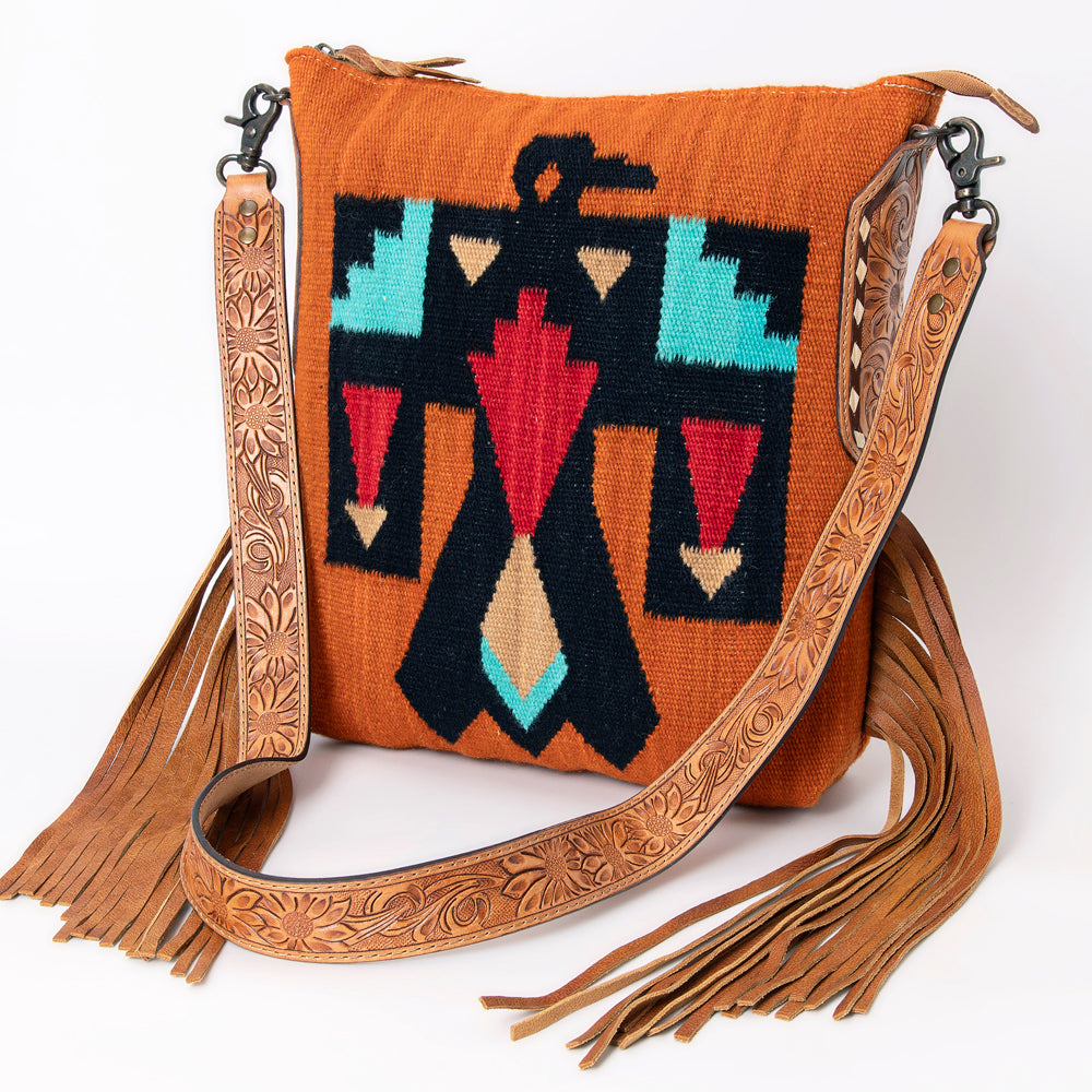 LC-ADBG905 Southwestern Wool Blanket & Tooled Leather Fringe Large Crossbody Bag Sally by American Darling