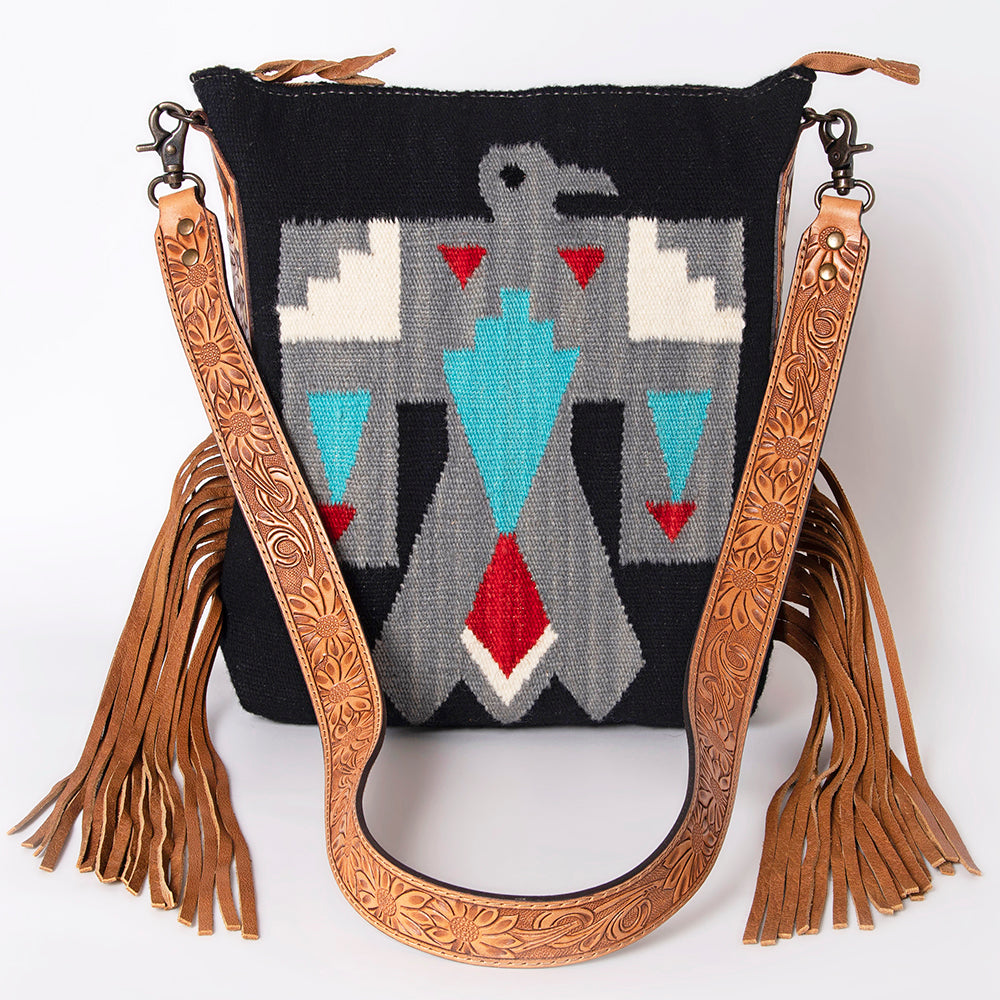 LC-ADBG905 Southwestern Wool Blanket & Tooled Leather Fringe Large Crossbody Bag Sally by American Darling