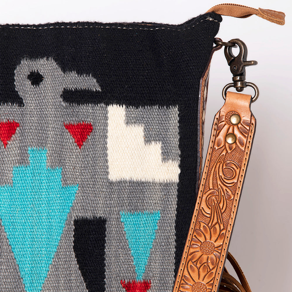 LC-ADBG905 Southwestern Wool Blanket & Tooled Leather Fringe Large Crossbody Bag Sally by American Darling