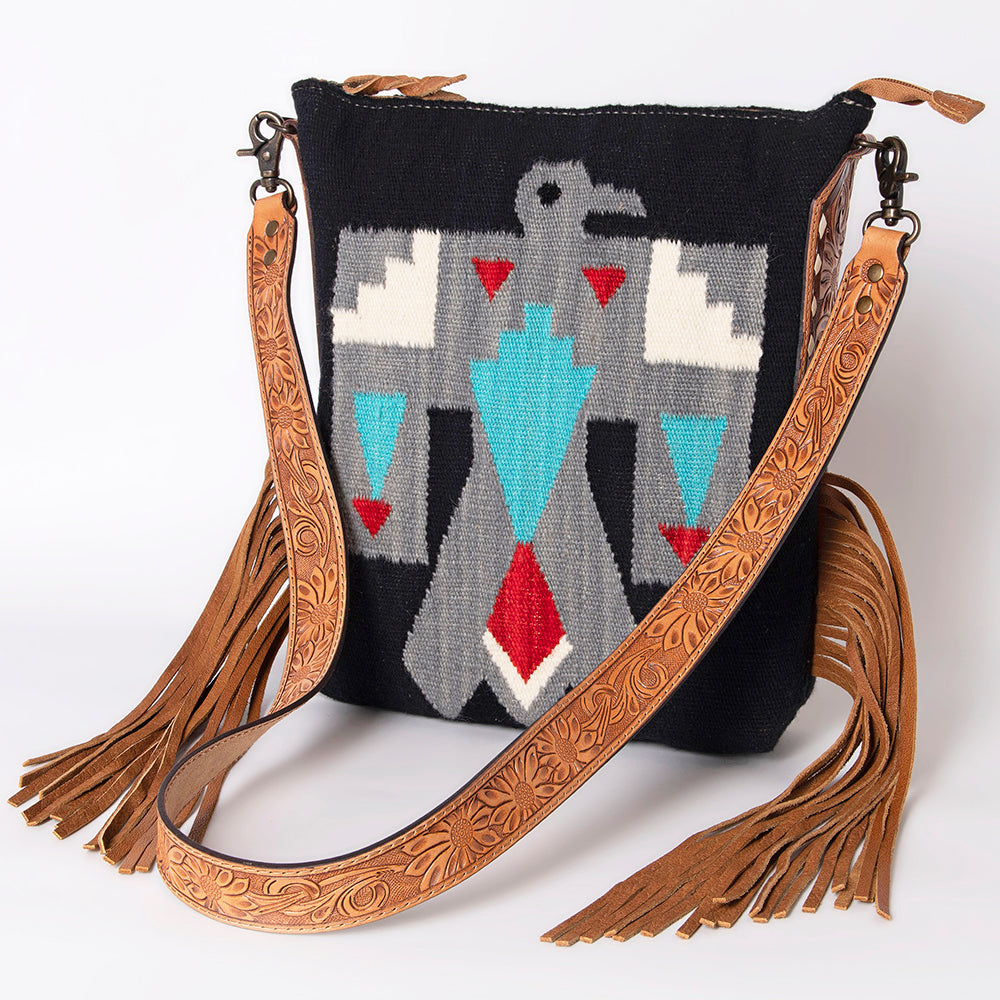 LC-ADBG905 Southwestern Wool Blanket & Tooled Leather Fringe Large Crossbody Bag Sally by American Darling