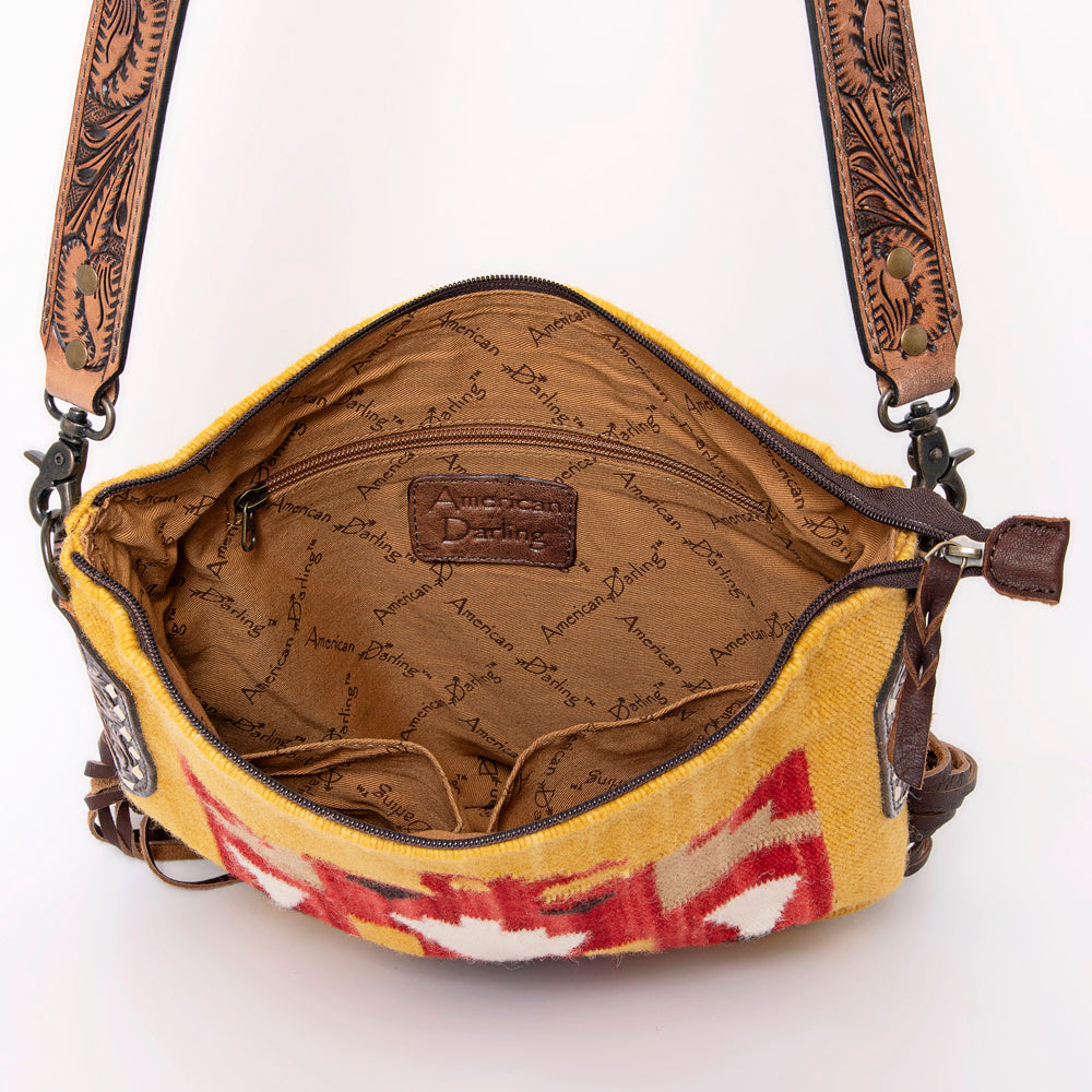 LC-ADBG905 Southwestern Wool Blanket & Tooled Leather Fringe Large Crossbody Bag Sally by American Darling