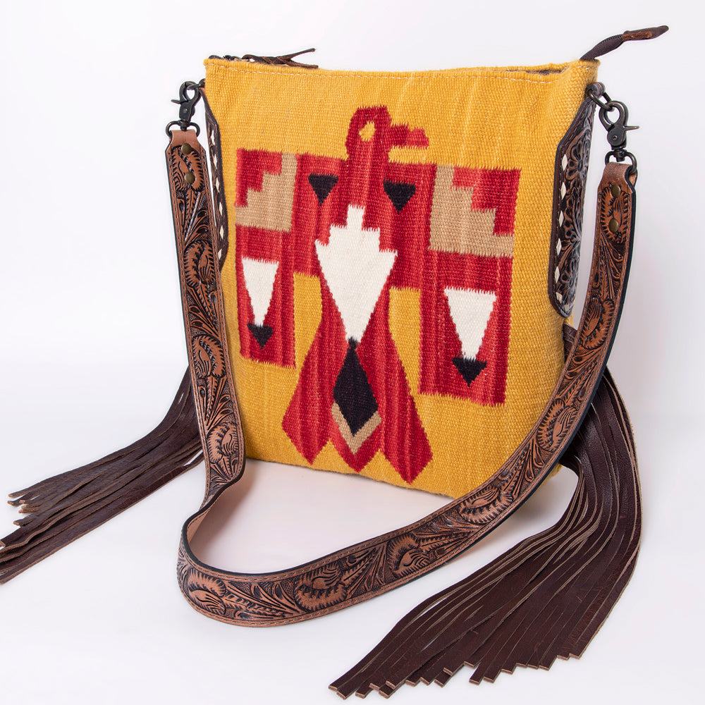 LC-ADBG905 Southwestern Wool Blanket & Tooled Leather Fringe Large Crossbody Bag Sally by American Darling