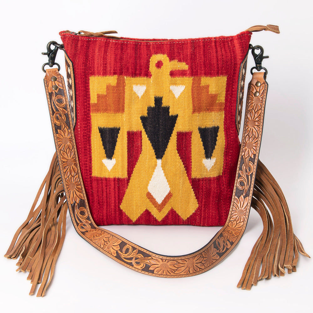 LC-ADBG905 Southwestern Wool Blanket & Tooled Leather Fringe Large Crossbody Bag Sally by American Darling