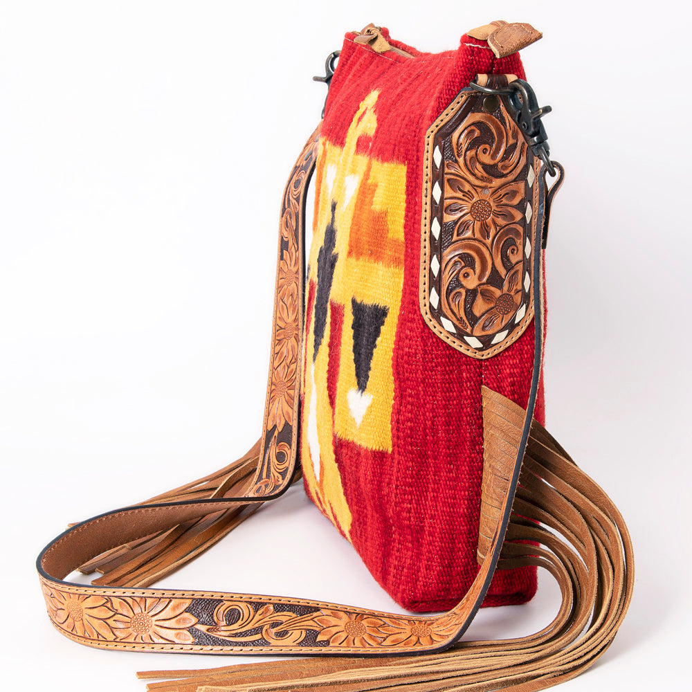 LC-ADBG905 Southwestern Wool Blanket & Tooled Leather Fringe Large Crossbody Bag Sally by American Darling