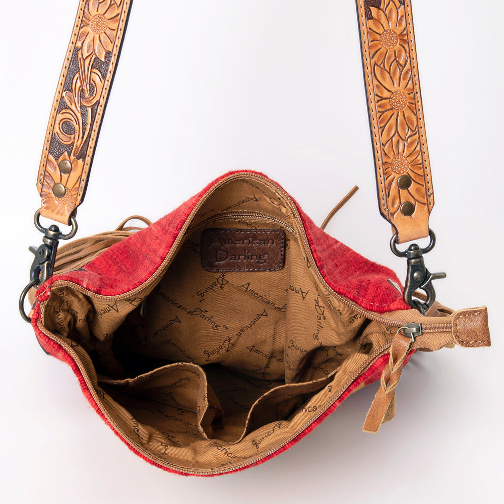LC-ADBG905 Southwestern Wool Blanket & Tooled Leather Fringe Large Crossbody Bag Sally by American Darling