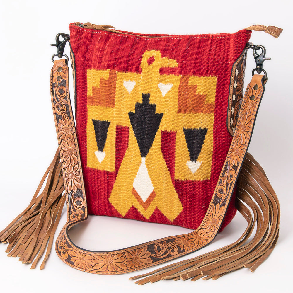 LC-ADBG905 Southwestern Wool Blanket & Tooled Leather Fringe Large Crossbody Bag Sally by American Darling