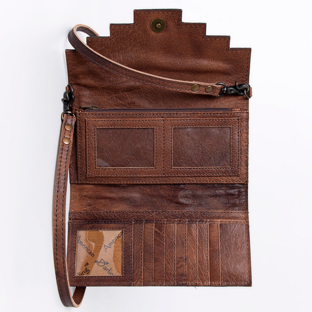 ADBG941 Hand-Tooled Western Leather Hair-On Hide Wallet Crossbody Bag American Darling