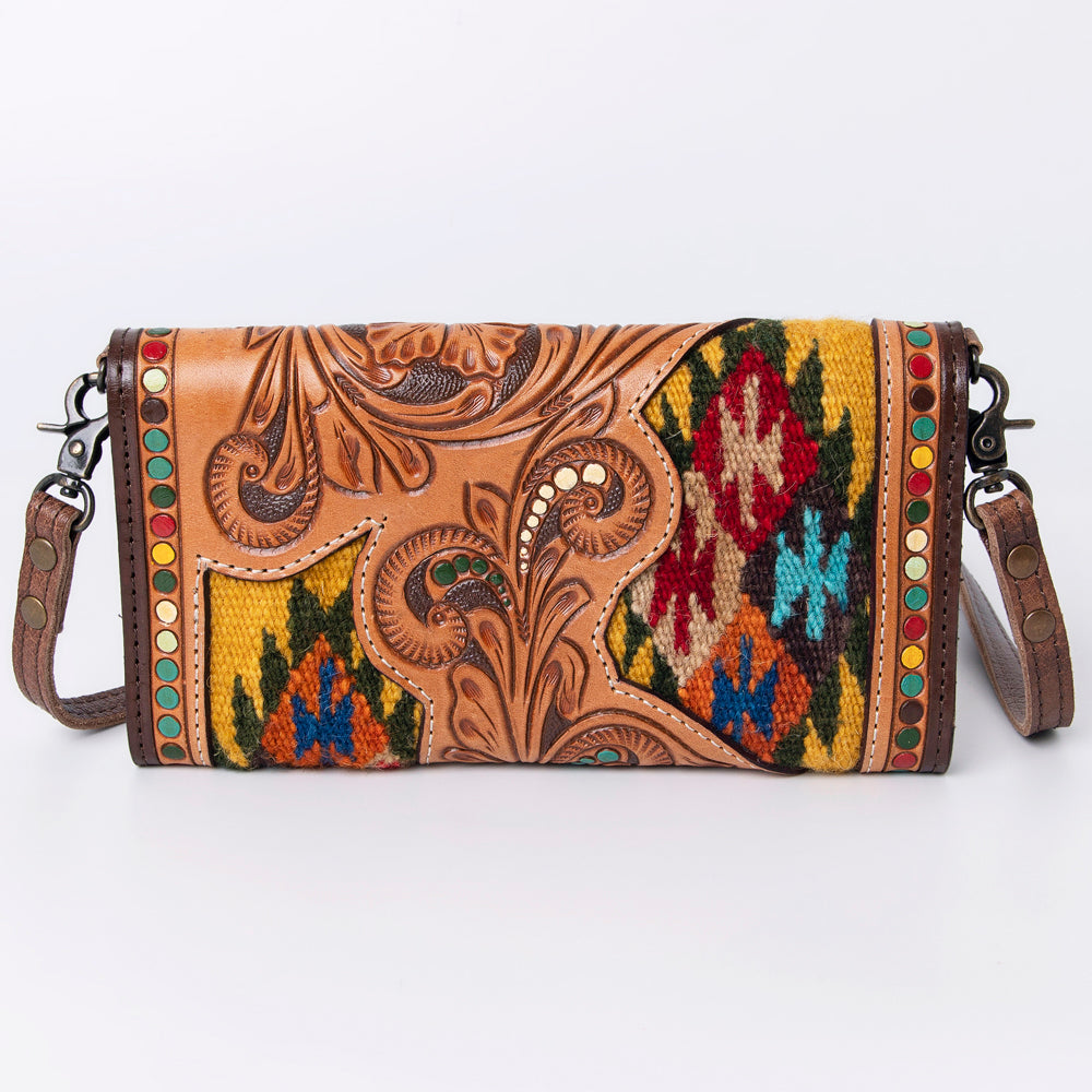 ADBG941 Hand-Tooled Western Leather Hair-On Hide Wallet Crossbody Bag American Darling
