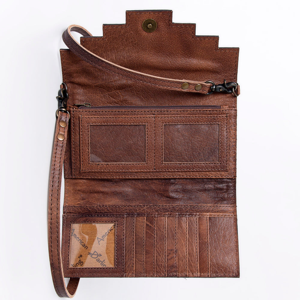 ADBG941 Hand-Tooled Western Leather Hair-On Hide Wallet Crossbody Bag American Darling