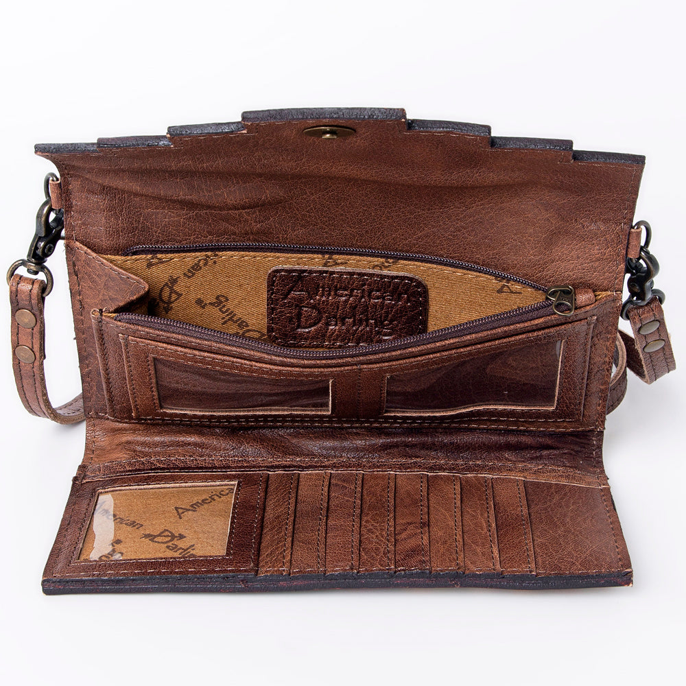 ADBG941 Hand-Tooled Western Leather Hair-On Hide Wallet Crossbody Bag American Darling