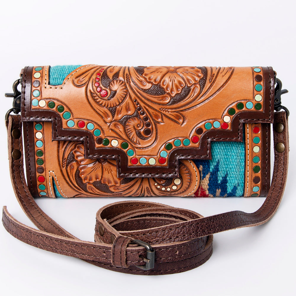 ADBG941 Hand-Tooled Western Leather Hair-On Hide Wallet Crossbody Bag American Darling